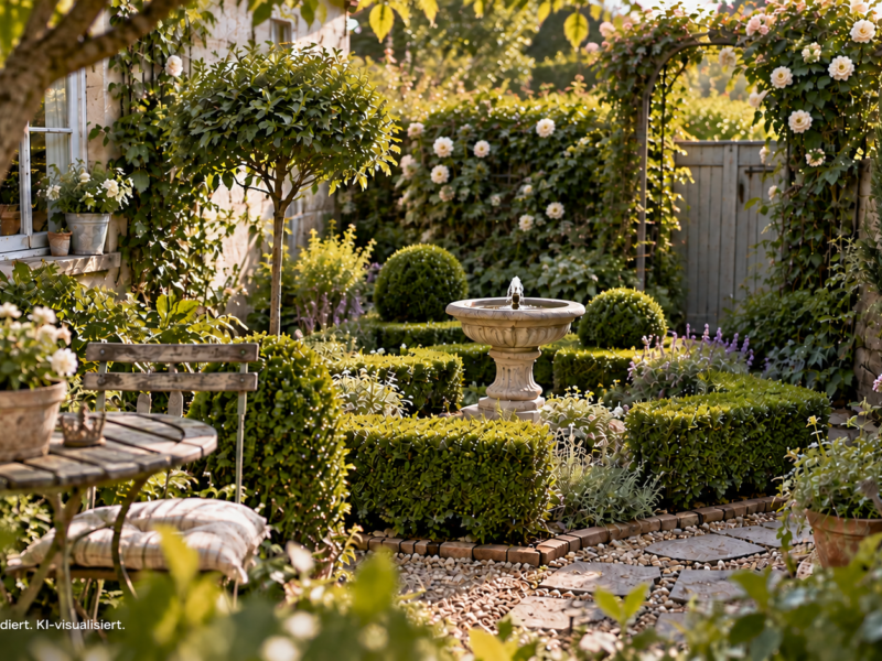 Kleiner Garten im französischen Barockstil mit geometrisch geschnittenen Hecken, Kieswegen, Rosen, Lavendel und einem kleinen Brunnen als zentralem Blickfang.