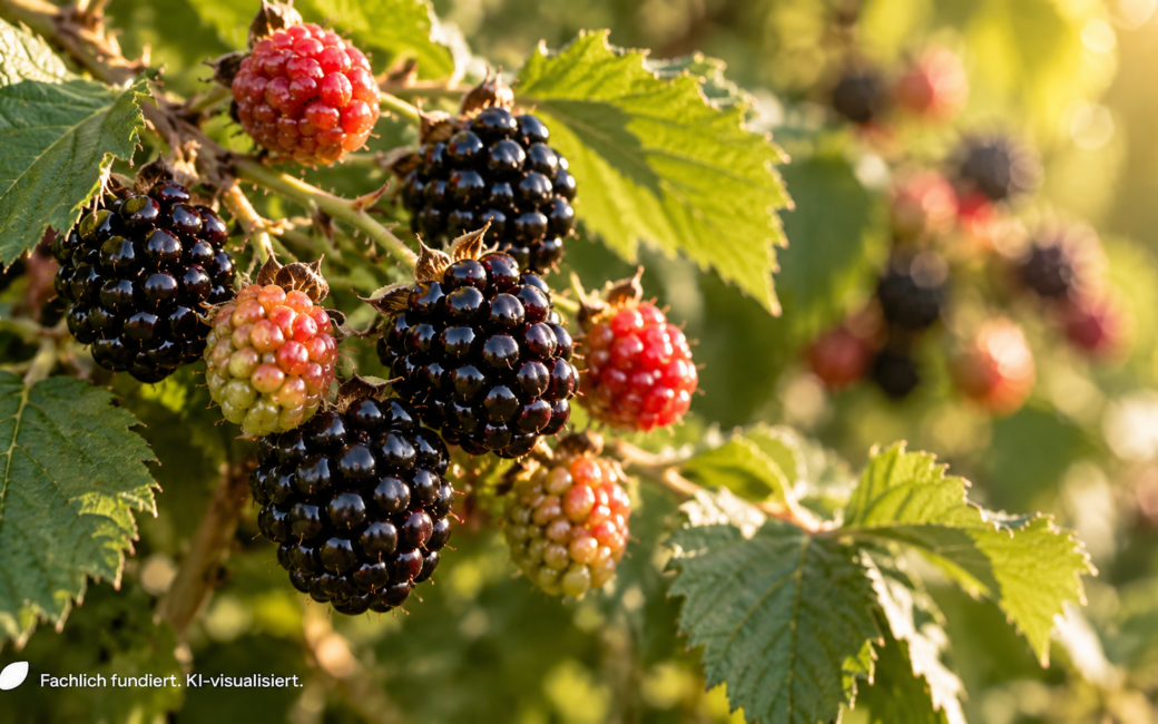 Reife schwarze und noch unreife rote Brombeeren an einem dicht belaubten Brombeerstrauch im Garten, aufgenommen im warmen Sonnenlicht.