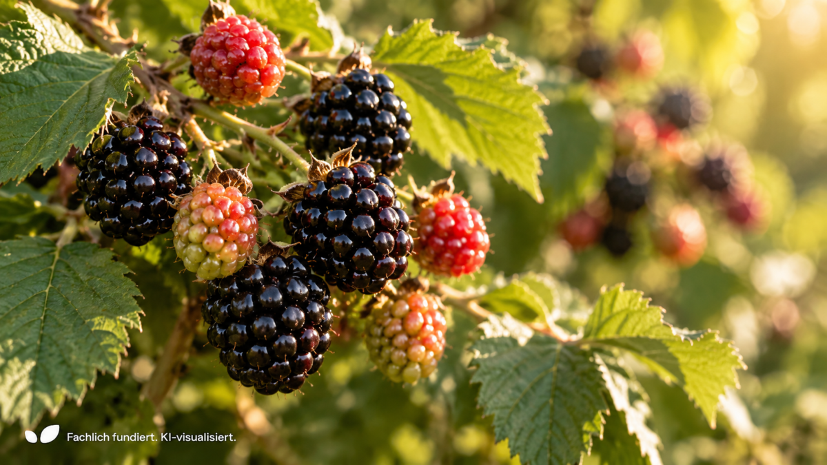 Reife schwarze und noch unreife rote Brombeeren an einem dicht belaubten Brombeerstrauch im Garten, aufgenommen im warmen Sonnenlicht.