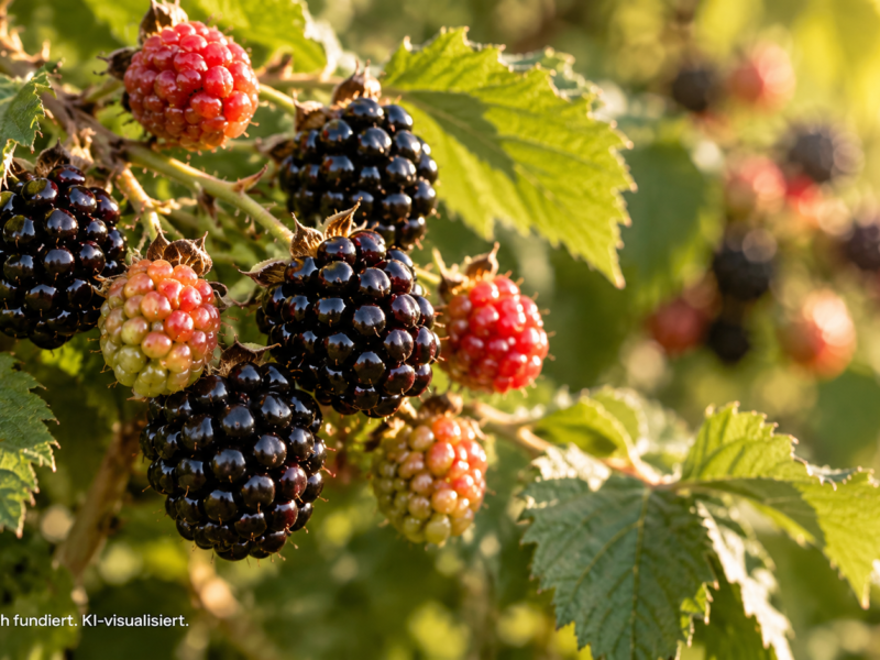 Reife schwarze und noch unreife rote Brombeeren an einem dicht belaubten Brombeerstrauch im Garten, aufgenommen im warmen Sonnenlicht.