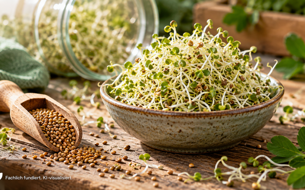 Frische Alfalfa-Sprossen in einer Keramikschale neben Alfalfa-Samen und einem Keimglas auf einem rustikalen Holztisch.