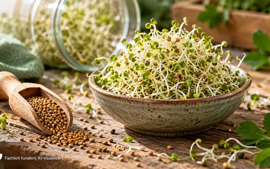 Frische Alfalfa-Sprossen in einer Keramikschale neben Alfalfa-Samen und einem Keimglas auf einem rustikalen Holztisch.