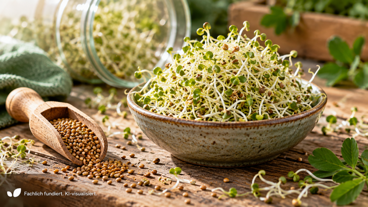 Frische Alfalfa-Sprossen in einer Keramikschale neben Alfalfa-Samen und einem Keimglas auf einem rustikalen Holztisch.