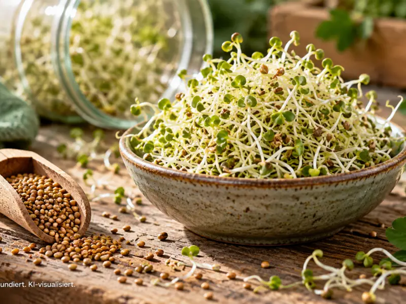 Frische Alfalfa-Sprossen in einer Keramikschale neben Alfalfa-Samen und einem Keimglas auf einem rustikalen Holztisch.