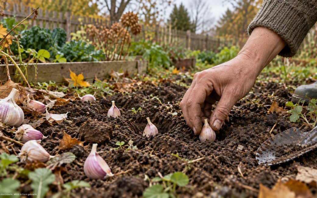 Knoblauchzehen werden im Herbst von Hand in lockere Gartenerde gepflanzt.
