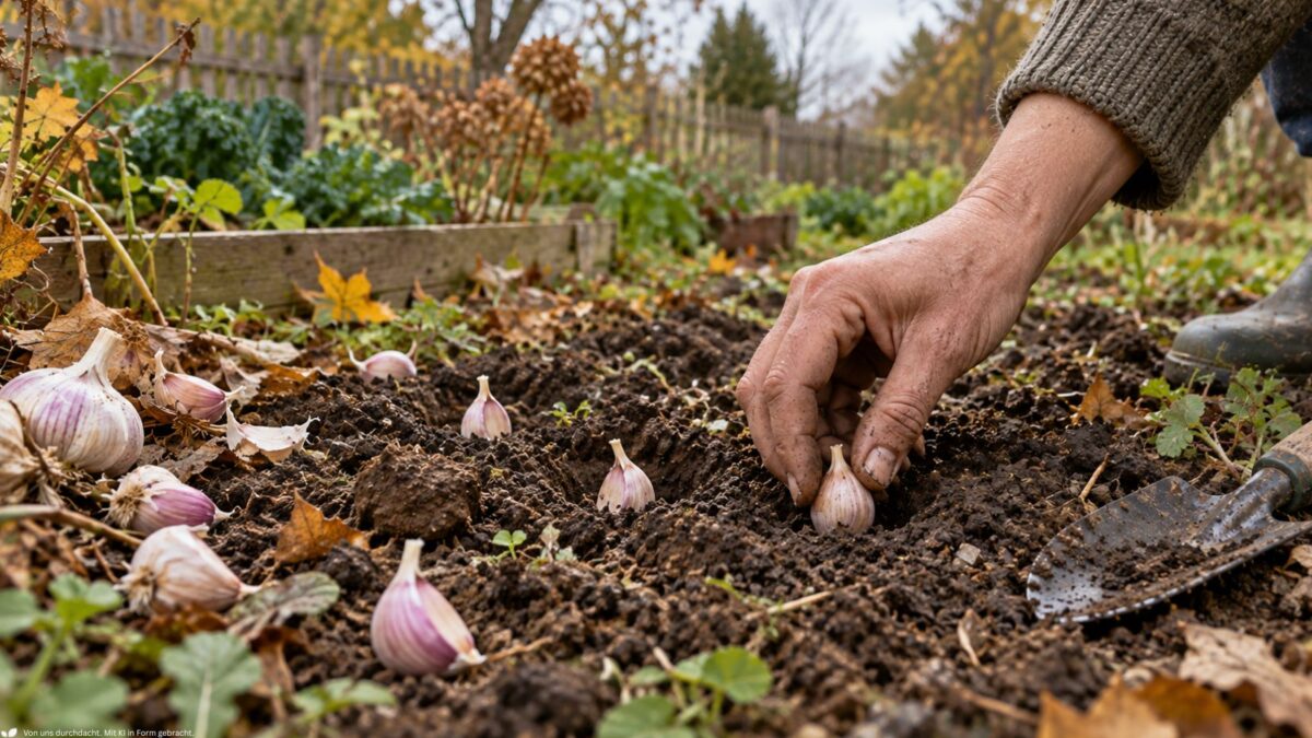 Knoblauchzehen werden im Herbst von Hand in lockere Gartenerde gepflanzt.