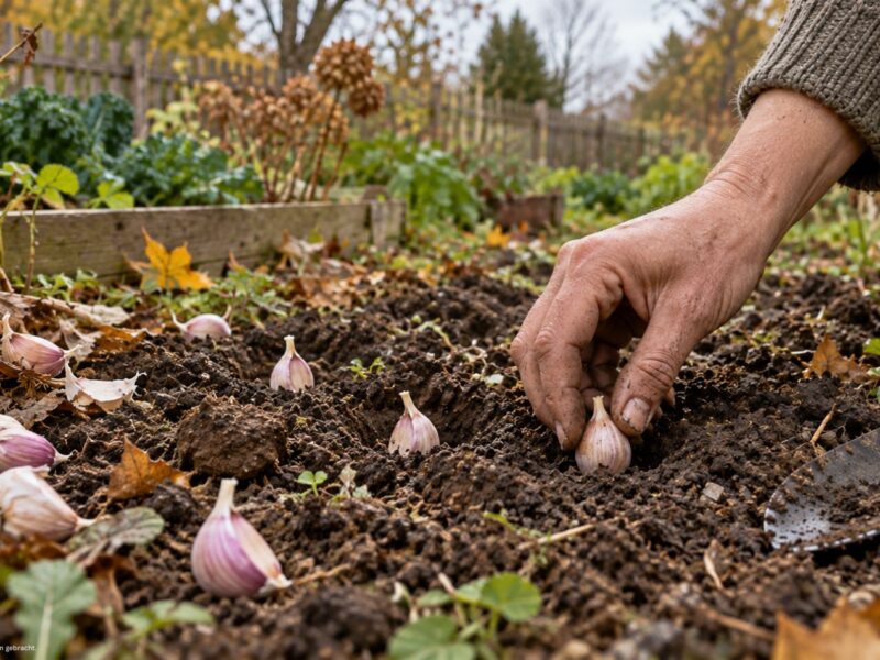 Knoblauchzehen werden im Herbst von Hand in lockere Gartenerde gepflanzt.